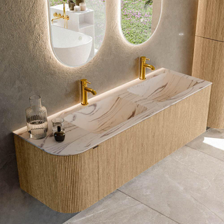 MONDIAZ KURVE-DLUX 145cm badmeubel ronding Links kleur Oak met 1 lade en 1 deur. Wastafel LEAF Dubbel / Rechts 2 kraangaten Nata.