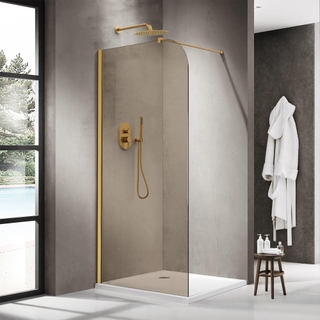 Fortifura Galeria Douche à l'italienne - 110x200cm - paroi en verre arrondie - verre fumé - bras mural - laiton brossé PVD (Or)