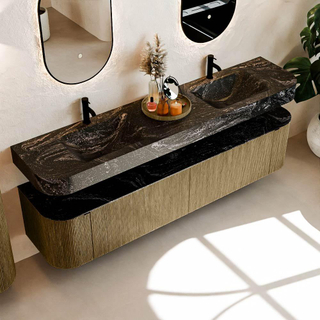 MONDIAZ THOR-DLUX Meuble de salle de bains - 200cm - arrondi gauche + droite - couleur Dusk - 2 tiroirs et 2 portes - Vasque suspendue CLOUD Double 2 trous de robinet - couleur Lava