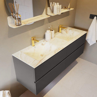 Mondiaz VICA-DLUX ensemble de meuble de salle de bain - 150cm - meuble sous-vasque gris foncé - 4 tiroirs - lavabo encastré cloud double - 2 trous de robinet - version haute de 60cm - frape