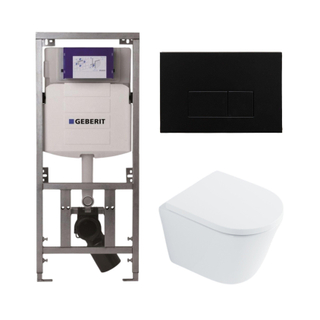 QeramiQ Dely Pack WC - 36,3x51,7cm - à fond creux - sans bride - réservoir encastré Geberit UP320 - abattant WC softclose 35 mm - plaque de commande métal noir mat - boutons rectangulaires - blanc brillant