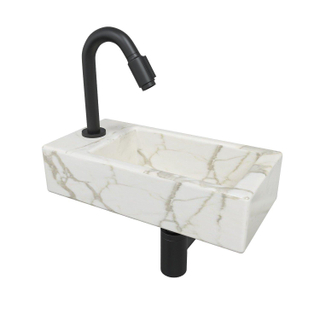 Wiesbaden mini-rhea ensemble de lave-mains links 36x18x9cm aspect marbre carrara blanc avec robinet de lave-mains de luxe victoria noir mat
