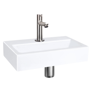 QeramiQ Fuente Pack Lave-mains - 38x7x24cm - 1 trou de robinet - céramique - robinet Inox brossé - Blanc brillant