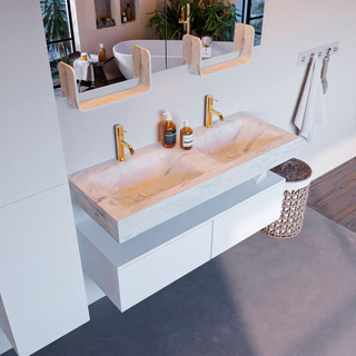Mondiaz ALAN-DLUX Ensemble de meuble - 120cm - meuble Talc mat - 2 tiroirs - Lavabo Cloud Opalo suspendu - vasque Gauche et droite - 2 trous de robinet