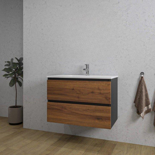Adema Industrial 2.0 Ensemble de meuble 80x45x55cm vasque en céramique blanc 1 trou de robinet avec trop-plein bois/noir