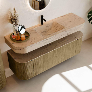 MONDIAZ THOR-DLUX 150cm meuble de salle de bains arrondi gauche + droite couleur Dusk avec 1 tiroir et 2 portes. Vasque suspendue CLOUD Milieu 1 trou de robinet couleur Arena.