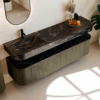 MONDIAZ THOR-DLUX 180cm meuble de salle de bains arrondi gauche + droite couleur Shadow avec 2 tiroirs et 2 portes. Vasque suspendue CLOUD Gauche 1 trou de robinet couleur Lava.