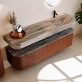 MONDIAZ THOR-DLUX 170cm meuble de salle de bains arrondi gauche + droite couleur Ruby avec 1 tiroir et 2 portes. Vasque suspendue CLOUD Droite 1 trou de robinet couleur Sombra.