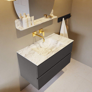 Mondiaz VICA-DLUX Ensemble de meuble de salle de bain - 90cm - meuble sous-vasque gris foncé - 2 tiroirs - lavabo encastré nuage milieu - sans trous de robinet - version haute de 60cm - glace