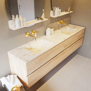 Mondiaz VICA-DLUX ensemble de meuble de salle de bain - 200cm - meuble sous-vasque chêne blanchi - 4 tiroirs - lavabo encastré cloud double - sans trous de robinet - version haute de 60cm - ostra