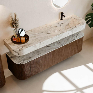 MONDIAZ THOR-DLUX 170cm meuble de salle de bains arrondi gauche + droite couleur Walnut avec 1 tiroir et 2 portes. Vasque suspendue CLOUD Droite 1 trou de robinet couleur Glace.