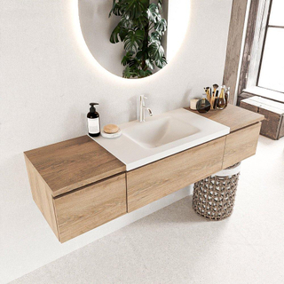 MONDIAZ BUKLA 160cm badmeubel met module 40 kleur Washed Oak met 3 lades. Wastafel CLOUD midden 1 kraangat kleur Talc.