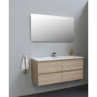 Basic Bella Badkamermeubelset - 120x55x46cm - 2 wasbakken - Acryl - Wit - 0 kraangaten - Wandspiegel met verlichting - MDF Eiken