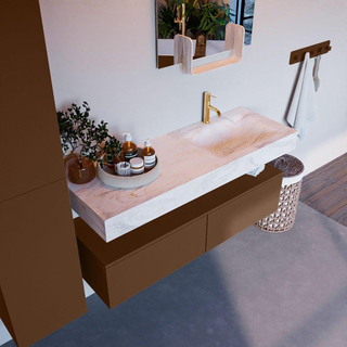 Mondiaz ALAN-DLUX Ensemble de meuble - 130cm - meuble Rust mat - 2 tiroirs - Lavabo Cloud Ostra suspendu - vasque Droite - 1 trou de robinet