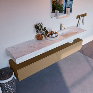 Mondiaz ALAN-DLUX Ensemble de meuble - 200cm - meuble Oro mat - 2 tiroirs - Lavabo Cloud Opalo suspendu - vasque Droite - 1 trou de robinet