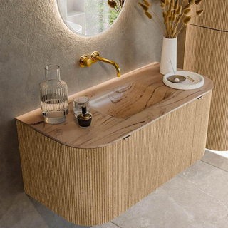 MONDIAZ KURVE-DLUX 100cm badmeubel ronding Links + Rechts kleur Oak met 1 lade en 2 deuren. Wastafel GRUNNE Midden zonder kraangat Arena.