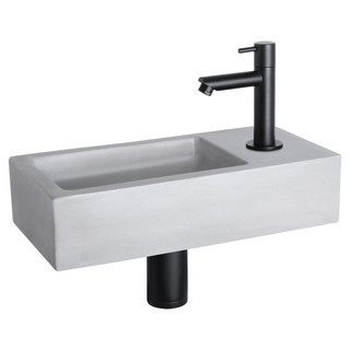 Differnz Ravo kit lave-mains - 38.5x18.5x9cm - Rectangulaire - 1 trou de robinet - Robinet droit noir mat - béton gris clair