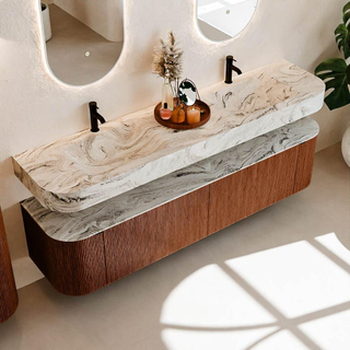 MONDIAZ THOR-DLUX Meuble de salle de bains 190cm arrondi gauche + droite couleur Ruby avec 2 tiroirs et 2 portes. Vasque suspendue CLOUD Double 2 trous de robinet couleur Glace.