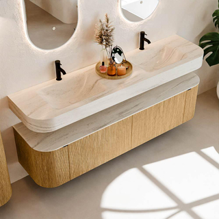 MONDIAZ THOR-DLUX 180cm meuble de salle de bains arrondi gauche + droite couleur Oak avec 2 tiroirs et 2 portes. Vasque suspendue CLOUD Double 2 trous de robinet couleur Meli.