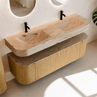 MONDIAZ THOR-DLUX 150cm badmeubel ronding links + rechts kleur Oak met 1 lade en 2 deuren. Vrijhangende wastafel CLOUD Dubbel 2 kraangaten kleur Arena.