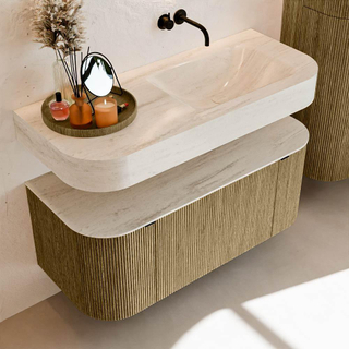 MONDIAZ THOR-DLUX 110cm meuble de salle de bains arrondi gauche + droite couleur Dusk avec 1 tiroir et 2 portes. Vasque suspendue CLOUD Droite sans trou de robinet couleur Meli.