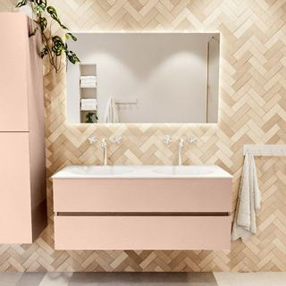Mondiaz VICA Ensemble de meuble de salle de bain - 120cm - meuble sous-vasque rosee - 2 tiroirs - lavabo moon double - 2 trous de robinet - version haute de 60cm - talc