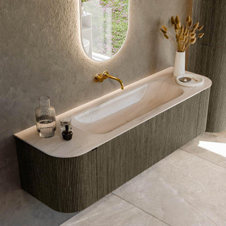 MONDIAZ KURVE-DLUX 160cm badmeubel ronding Links + Rechts kleur Shadow met 1 lade en 2 deuren. Wastafel BIG MEDIUM Midden zonder kraangat Meli.