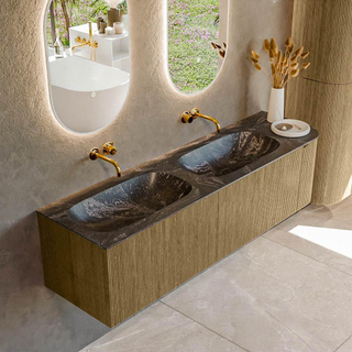 Ensemble de meuble de salle de bain Mondiaz KURVE-DLUX - 165x46x40cm - 2 tiroirs - 1 porte - lavabo en solid surface - double / gauche - sans trou de robinet - Dusk