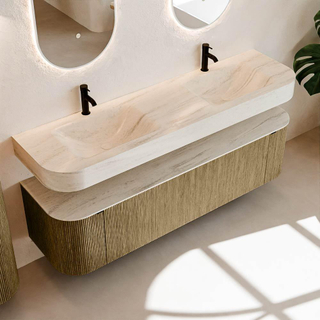 MONDIAZ THOR-DLUX 170cm meuble de salle de bains arrondi gauche + droite couleur Dusk avec 1 tiroir et 2 portes. Vasque suspendue CLOUD Double 2 trous de robinet couleur Meli.