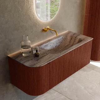 MONDIAZ KURVE-DLUX 115cm badmeubel ronding Links kleur Ruby met 1 lade en 1 deur. Wastafel BIG SMALL Rechts zonder kraangat Oza.