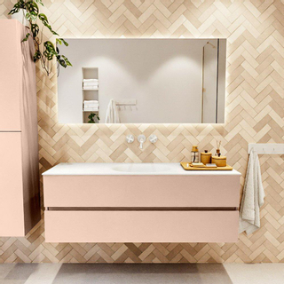 Mondiaz VICA Ensemble de meuble de salle de bain - 140cm - meuble sous-vasque rosee - 2 tiroirs - lavabo moon milieu - sans trous de robinet - version haute de 60cm - talc