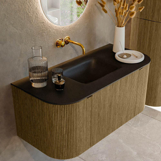 Ensemble de meuble de salle de bain Mondiaz KURVE - 100x46x40cm - 1 tiroir - 2 portes - lavabo en solid surface - milieu - sans trou de robinet - Dusk