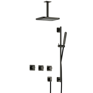 Hotbath Gal IBSGL70 Ensemble de douche thermostatique encastré - 2 robinets d'arrêt - bras plafond de 15 cm - pomme de douche carrée de 22 cm - douchette à main - barre de douche - gun metal brossé PVD