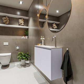 MONDIAZ TURE Kit lave-mains - 80x23x50cm - 1 trou de robinet - 2 portes - cale mat - Lavabo à droite - Solid Surface Blanc