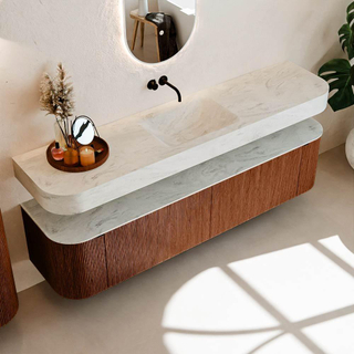 MONDIAZ THOR-DLUX 190cm meuble de salle de bains arrondi gauche + droite couleur Ruby avec 2 tiroirs et 2 portes. Vasque suspendue CLOUD Milieu sans trou de robinet couleur Opalo.