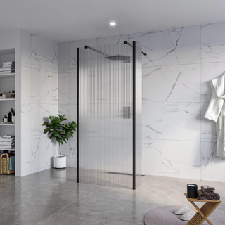 FugaFlow Eccelente Vetro Vrijstaande inloopdouche badkamer - 90x200cm - Helder geribbeld - antikalk - 8mm veiligheidsglas - 2 zijwanden 30cm - met wandarmen en hoekprofielen - Zwart mat -