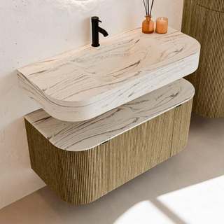 MONDIAZ THOR-DLUX 100cm badmeubel ronding links + rechts kleur Dusk met 1 lade en 2 deuren. Vrijhangende wastafel CLOUD Midden 1 kraangat kleur Nata.