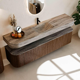 MONDIAZ THOR-DLUX Meuble de salle de bains 190cm arrondi gauche + droite couleur Walnut avec 2 tiroirs et 2 portes. Vasque suspendue CLOUD Milieu 1 trou de robinet couleur Oza.