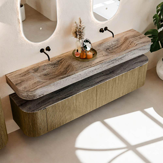 MONDIAZ THOR-DLUX 200cm meuble de salle de bains arrondi gauche + droite couleur Dusk avec 2 tiroirs et 2 portes. Vasque suspendue CLOUD Double sans trou de robinet couleur Oza.