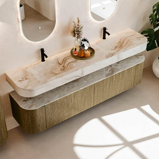 MONDIAZ THOR-DLUX Meuble de salle de bains - 200cm - arrondi gauche + droite - couleur Dusk - 2 tiroirs et 2 portes - Vasque suspendue CLOUD Double 2 trous de robinet - couleur Frappe