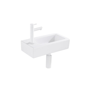 QeramiQ Lave-mains Kit lave-mains - 37.5x18.5x9cm - céramique - trou de robinet gauche - robinet lave-mains blanc mat - bonde de vidage - siphon abaissé - Brillant blanc