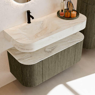 MONDIAZ THOR-DLUX 110cm meuble de salle de bains arrondi gauche + droite couleur Shadow avec 1 tiroir et 2 portes. Vasque suspendue CLOUD gauche 1 trou de robinet couleur Ostra.