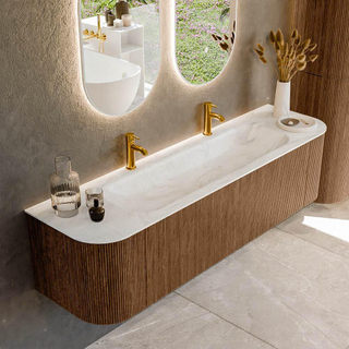 MONDIAZ KURVE-DLUX 170cm Meuble salle de bain avec module 25 G et D - couleur Walnut - 1 tiroir - 2 portes - vasque BIG LARGE centre - 2 trous de robinet - couleur Ostra