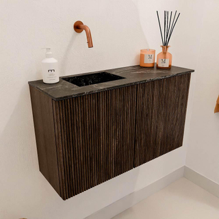 Mondiaz JOYA-DLUX 70cm toiletmeubel - kleur Walnut - Wastafel FAYE positie Links Zonder kraangat kleur Lava.