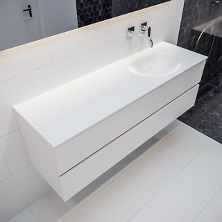 MONDIAZ VICA Ensemble de meuble salle de bain - 150cm - 2 tiroirs - lavabo Moon à droite - 0 trous de robinet - solid surface talc