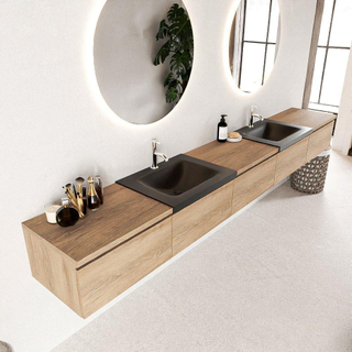 MONDIAZ BUKLA 300cm badmeubel met module 60 kleur Washed Oak met 5 lades. Wastafel CLOUD dubbel 2 kraangaten kleur Urban.