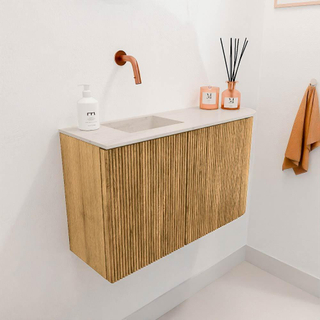 Mondiaz JOYA-DLUX 71.6cm toiletmeubel - ronding rechts kleur Oak - Wastafel FAYE positie Links Zonder kraangat kleur Meli.