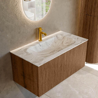 MONDIAZ KURVE-DLUX 90cm Meuble salle de bain - couleur Walnut - 1 tiroir - vasque BIG SMALL centre - 1 trou de robinet - couleur Glace