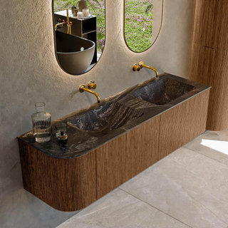 MONDIAZ KURVE-DLUX 155cm Meuble salle de bain avec module 25 G - couleur Walnut - 2 tiroirs - 1 porte - vasque LEAF double / droite - sans trou de robinet - couleur Lava