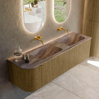 MONDIAZ KURVE-DLUX 155cm badmeubel ronding Links kleur Dusk met 2 lades en 1 deur. Wastafel LEAF Dubbel / Rechts zonder kraangat Oza.